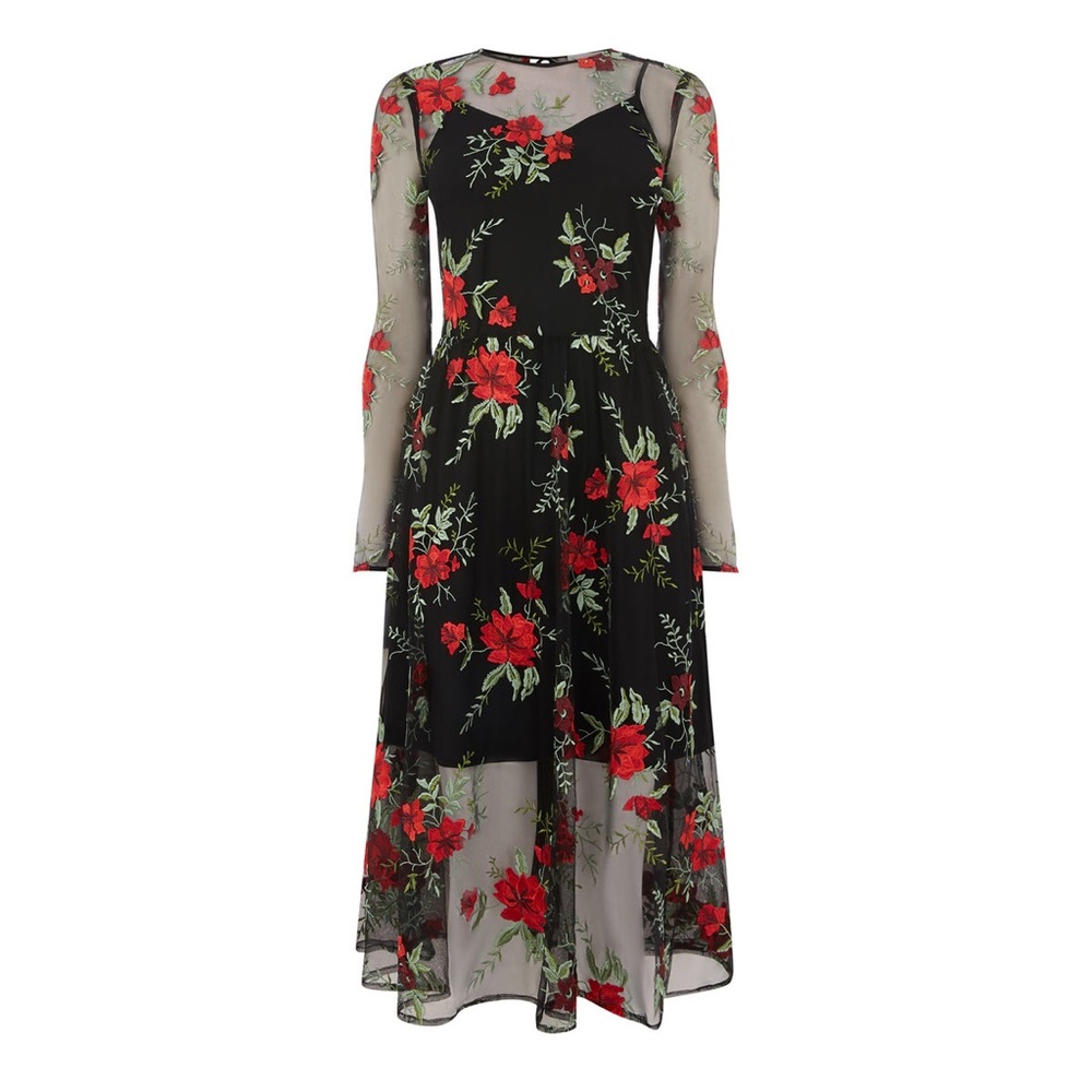 Warehouse Black Mesh Midi Dress with Red Floral Embroidery